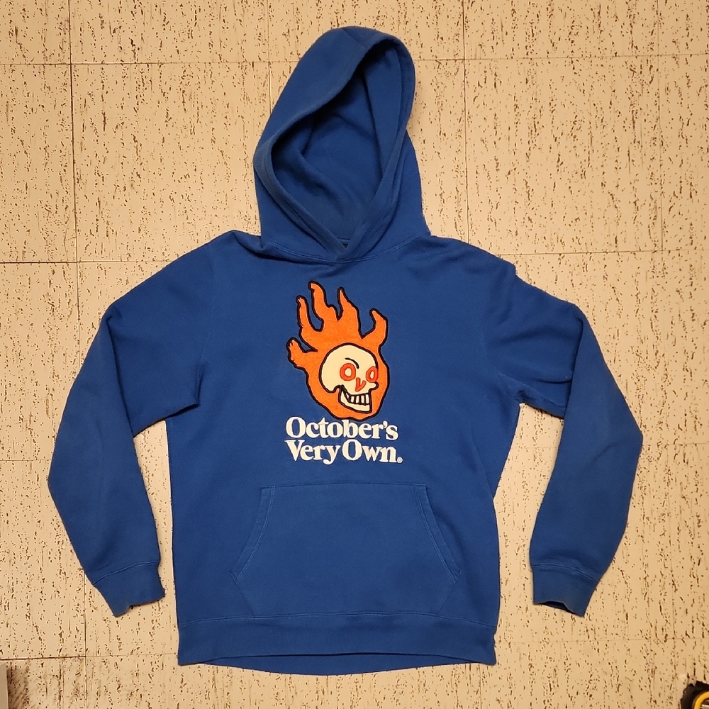 OVO Octobers Very Own Royal Blue Embroidered Flaming Hot Skull Spellout Hoodie